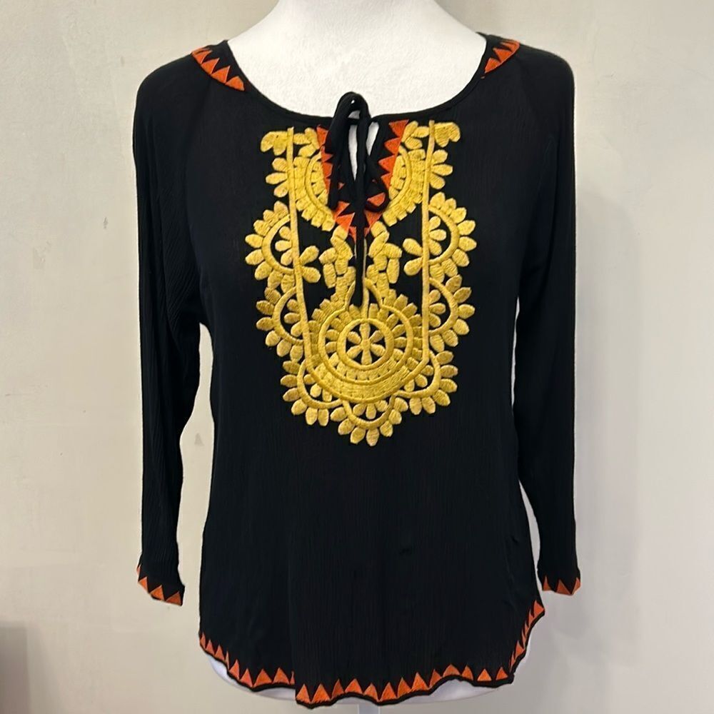 THML black yellow orange front embroidered blouse Size S EUC